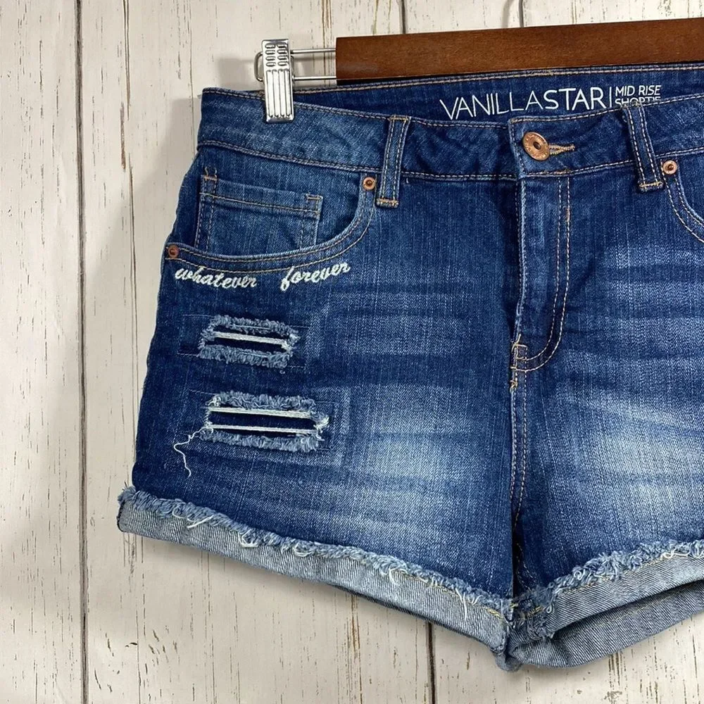 Vanilla Star Womens Embroidered Cuffed Distressed Mid Rise Jean Denim Shorts